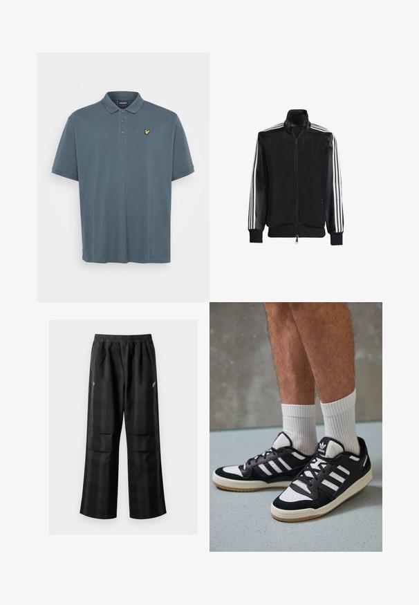 Must mustriga jope, millel on lukuga eesosa, ning mustad varrukad ja kolm valget triipu varrukate ääres. Ribaelastne mansett ja allääre.; Tumehallist pehmest puuvillast polo-särgist. Omab klassikalist kraed, kolme nupuga lukku ja rinnal on kollane tikandlogoga.; Mustas ruudulised püksid, millel on elastne vöökoht, kaks esimest taskut ja laiem lõige sirge jala disainiga. Valmistatud kergest materjalist.; Mustvalged ja valged spordijalatsid, mille pealmine osa on valmistatud suede'ist ja nahast. Kingadel on kolm valget riba, auguline varvas ja kummist tald.