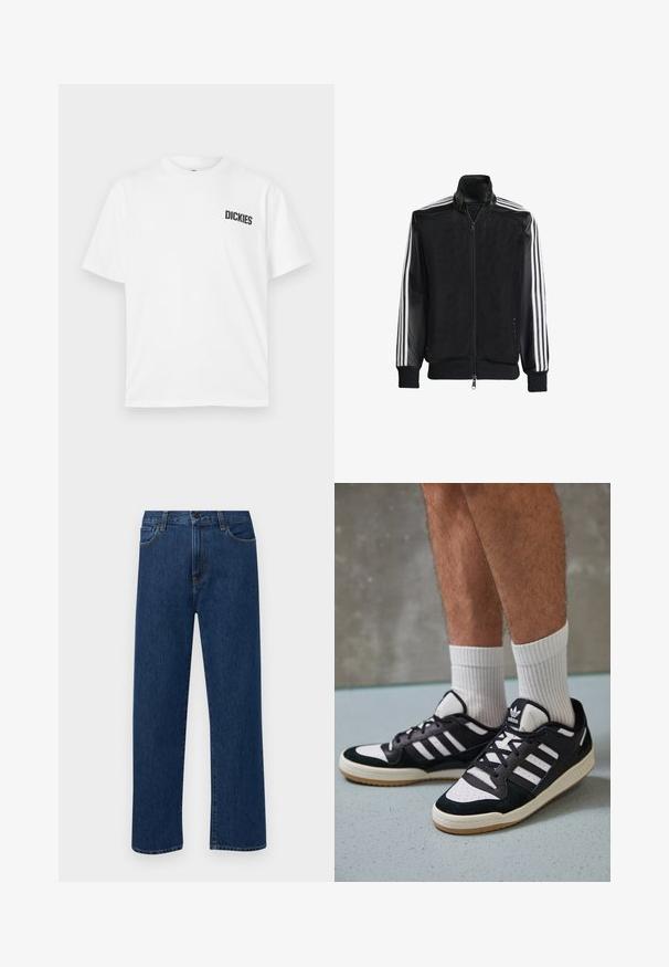 Black mesh jacket with a zip front, featuring solid black sleeves and three white stripes along the arms. Ribbed cuffs and hem.; White short-sleeve t-shirt made of cotton. Features a crew neckline and a small black "DICKIES" logo on the left chest area.; Dark blue straight-leg denim jeans with front pockets and a button closure, displayed on a plain white background.; Black and white sneakers with a suede and leather upper, featuring three white stripes, a perforated toe, and a gum rubber sole.