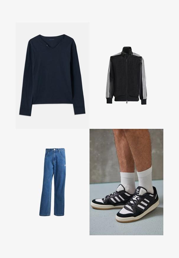 Chaqueta de malla negra con cierre de cremallera en la parte delantera, que presenta mangas negras sólidas y tres rayas blancas a lo largo de los brazos. Puños y dobladillo acanalados.; Camiseta de manga larga color azul marino hecha de suave algodón. Presenta un escote en forma de V con cinco botones y discretas aberturas en los laterales del dobladillo.; Vaqueros de mezclilla anchos de talle alto en azul, con bolsillos frontales, presillas para cinturón, cierre de botón y pequeño logo de Adidas en el muslo derecho.; Zapatillas en blanco y negro con parte superior de ante y cuero, que presentan tres franjas blancas, una puntera perforada y una suela de goma.