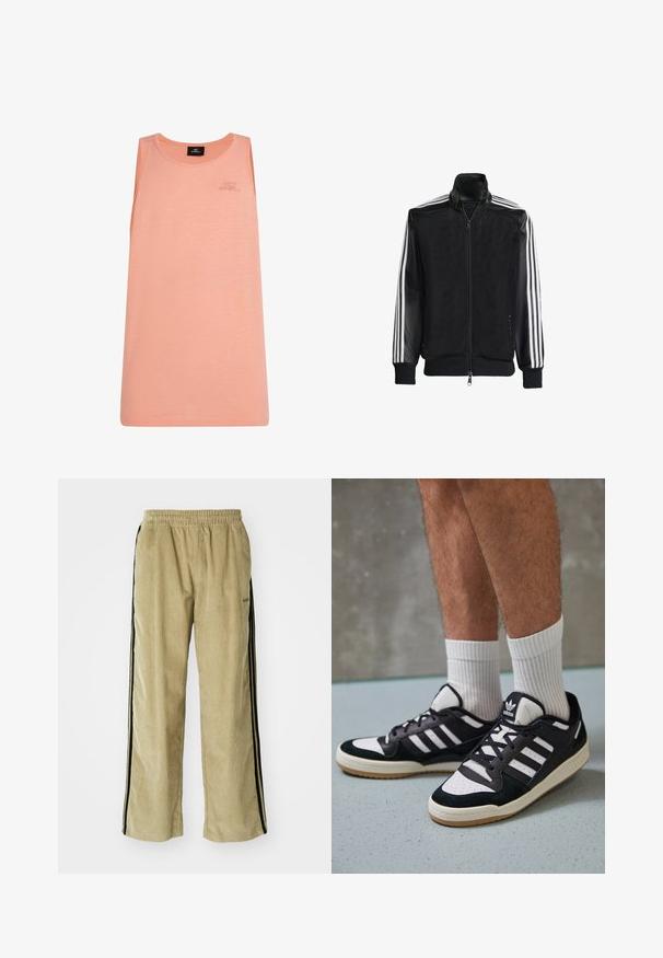 Black mesh jacket with a zip front, featuring solid black sleeves and three white stripes along the arms. Ribbed cuffs and hem.; Peach tank top made of lightweight fabric, featuring a round neckline and no sleeves. Subtle O'Neill logo on the front.; Beige corduroy pants with an elastic waistband, featuring black side stripes. The fabric has a ribbed texture, slightly flared at the bottom.; Black and white sneakers with a suede and leather upper, featuring three white stripes, a perforated toe, and a gum rubber sole.