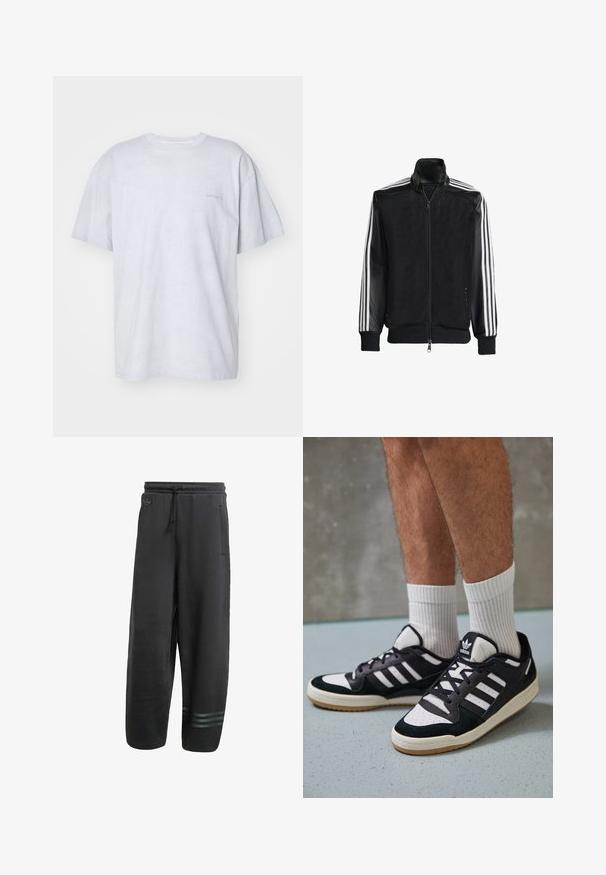 Veste en maille noire avec fermeture éclair à l'avant, présentant des manches noires unies et trois rayures blanches le long des bras. Poignets et ourlet côtelés.; Carhartt WIP DUSTER SCRIPT - T-shirt basique - basalt; Pantalon de survêtement noir à coupe décontractée, ceinture élastique, cordon de serrage, poches latérales et trois fines rayures horizontales au niveau de la cheville.; Baskets noir et blanc avec une tige en suède et cuir, comportant trois rayures blanches, un bout perforé et une semelle en caoutchouc gum.