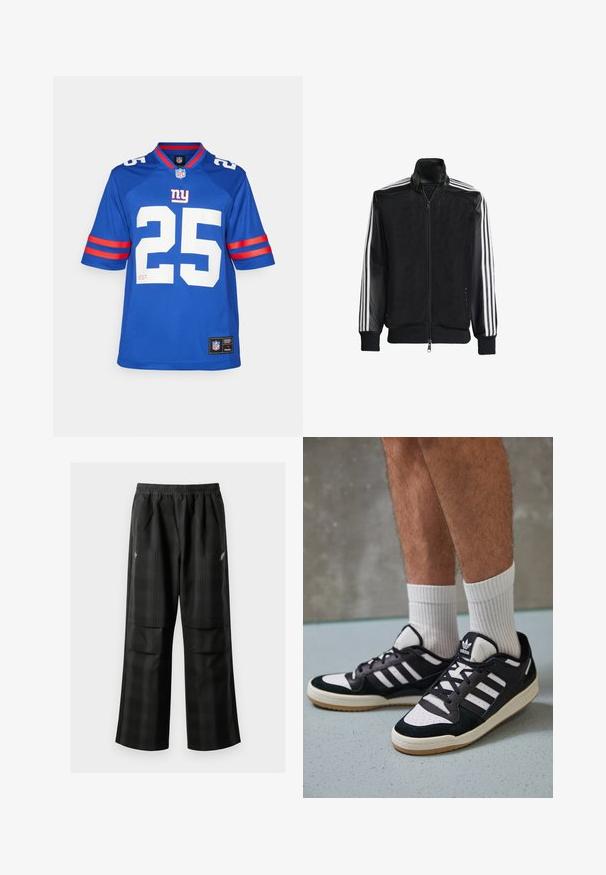 Juodas permatomas džemperis su užtrauktuku priekyje, turintis vientisas juodas rankoves ir tris baltas juostas ant rankų. Raukšlėtos rankogaliai ir apatinė dalis.; Mėlynas NFL marškinėlis su baltu numeriu 25, raudonai-baltai dryžuotomis trumpomis rankovėmis ir megztu apykakle. Logotipo etikėtė apatinėje dalyje.; Juodos languotos kelnės su elastingu juosmeniu, dviem priekinėmis kišenėmis ir laisvu tiesiu kirpimu. Pagamintos iš lengvos medžiagos.; Juodos ir baltos sportinės bateliai su zomšiniu ir odiniu viršumi, su trimis baltomis juostelėmis, perforuota koja ir guminėmis padais.