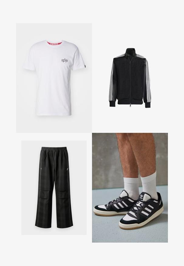 Chaqueta de malla negra con cierre de cremallera en la parte delantera, que presenta mangas negras sólidas y tres rayas blancas a lo largo de los brazos. Puños y dobladillo acanalados.; Camiseta blanca de algodón con un pequeño gráfico en el lado izquierdo del pecho, cuello redondo y mangas cortas, con un detalle de etiqueta interior roja.; Pantalones de cuadros negros con cintura elástica, dos bolsillos frontales y un ajuste holgado con diseño de pierna recta. Fabricados en material ligero.; Zapatillas en blanco y negro con parte superior de ante y cuero, que presentan tres franjas blancas, una puntera perforada y una suela de goma.