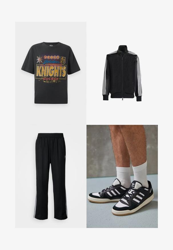 Čierna sieťovaná bunda so zipsom vpredu, s pevnými čiernymi rukávmi a tromi bielymi pruhmi po stranách rukávov. Žebrované manžety a spodný lem.; Čierne bavlnené tričko s potlačou "Vegas Golden Knights Hockey" v zlatej, modrej a červenej farbe, so šípkovými a štítovými ikonami a bodovými akcentmi.; Čierne športové nohavice s elastickým pásom, s bielymi bočnými prúžkami a malým logom. Materiál vyzerá byť mäkký a ľahký.; Čierno-biele tenisky s vrchom z semišu a kože, s troma bielymi pruhmi, perforovanou špičkou a gumovou podrážkou.
