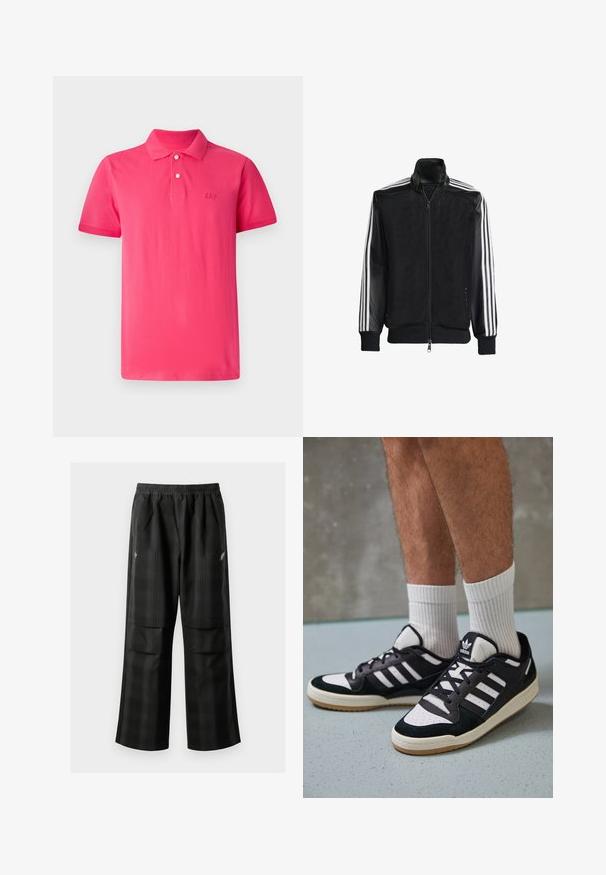 Veste en maille noire avec fermeture éclair à l'avant, présentant des manches noires unies et trois rayures blanches le long des bras. Poignets et ourlet côtelés.; Polo shirt rose vif en coton, avec un col classique, une patte de boutonnage à trois boutons et le logo 'GAP' brodé sur la poitrine.; Pantalons à carreaux noirs avec une taille élastique, deux poches avant et une coupe ample avec une conception à jambe droite. Fabriqués en matériau léger.; Baskets noir et blanc avec une tige en suède et cuir, comportant trois rayures blanches, un bout perforé et une semelle en caoutchouc gum.