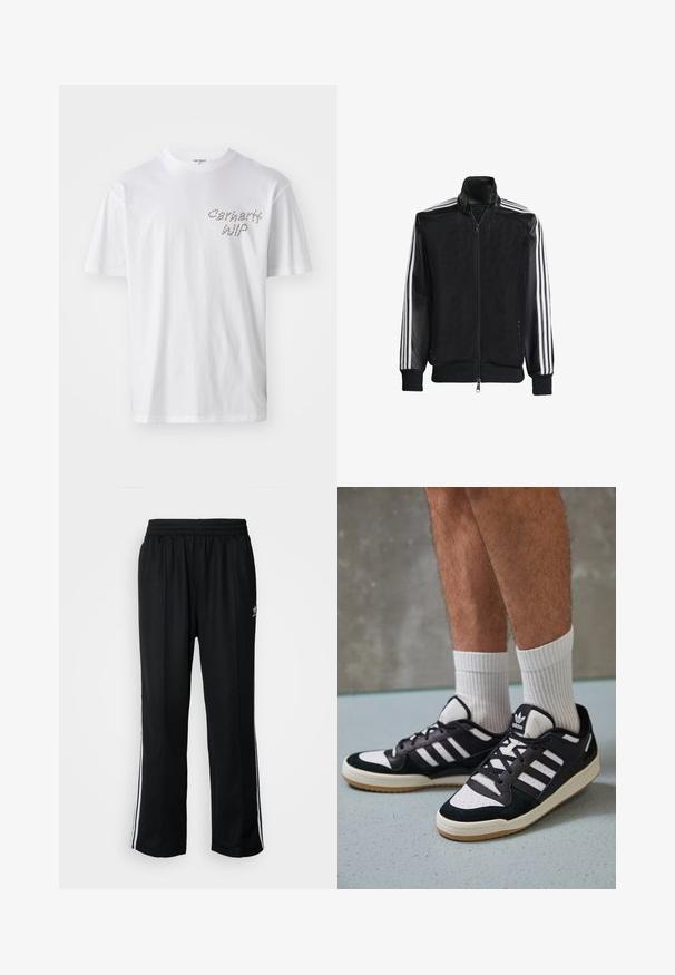 Černá síťovaná bunda na zip, s celými černými rukávy a třemi bílými pruhy podél rukávů. Hladké manžety a lem.; Bílý bavlněný tričko s kulatým výstřihem a krátkými rukávy. Na levé části hrudi se nachází šedé logo "Carhartt WIP" s texturovaným designem.; Černé sportovní kalhoty s elastickým pasem, s bílými bočními pruhy a malým logem. Materiál vypadá měkce a lehce.; Černobílé tenisky s vrchní částí z semišové a kožené kůže, včetně tří bílých pruhů, perforovaného špičky a podrážky z gumy.