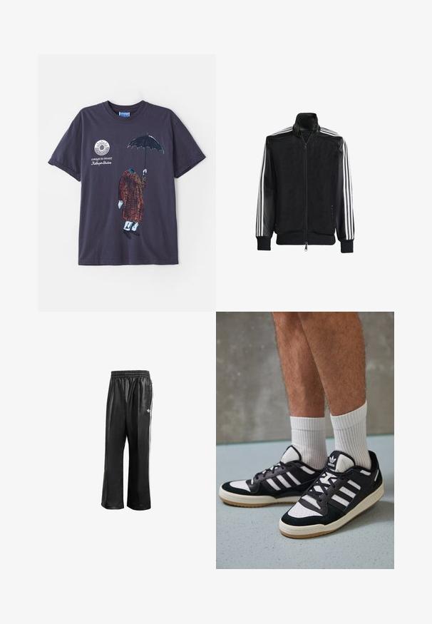 Juodas permatomas džemperis su užtrauktuku priekyje, turintis vientisas juodas rankoves ir tris baltas juostas ant rankų. Raukšlėtos rankogaliai ir apatinė dalis.; Jūros mėlynumo medvilninis marškinėliai, ant kurių pavaizduota begalvio veikėjo siluetas, vilkintis rudą švarką, mėlynas kelnes ir juodus batus, laikantis juodą skėtį. Rodo Cirque du Soleil logotipą.; Juodos sintetinių medžiagų treniruočių kelnės su elastingu juosmeniu, su baltomis šoninėmis juostelėmis ir mažuoju baltu logotipu kairėje klubo pusėje.; Juodos ir baltos sportinės bateliai su zomšiniu ir odiniu viršumi, su trimis baltomis juostelėmis, perforuota koja ir guminėmis padais.