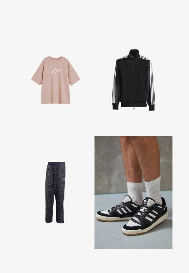 Sort meshjakke med lynlås foran, med ensfarvede sorte ærmer og tre hvide striber langs armene. Ribbet manchetter og kant.; Støvet lyserød oversized t-shirt lavet af blødt bomuld, med et subtilt grafisk design på forsiden. Korte ærmer og rund halsudskæring.; Sorte træningsbukser med leopardmønster, der har et hvidt tre-stribet design og et atletisk mærkes logo på siden.; Sorte og hvide sneakers med en overdel i ruskind og læder, der har tre hvide striber, en perforeret tå og en sål i gummigummi.