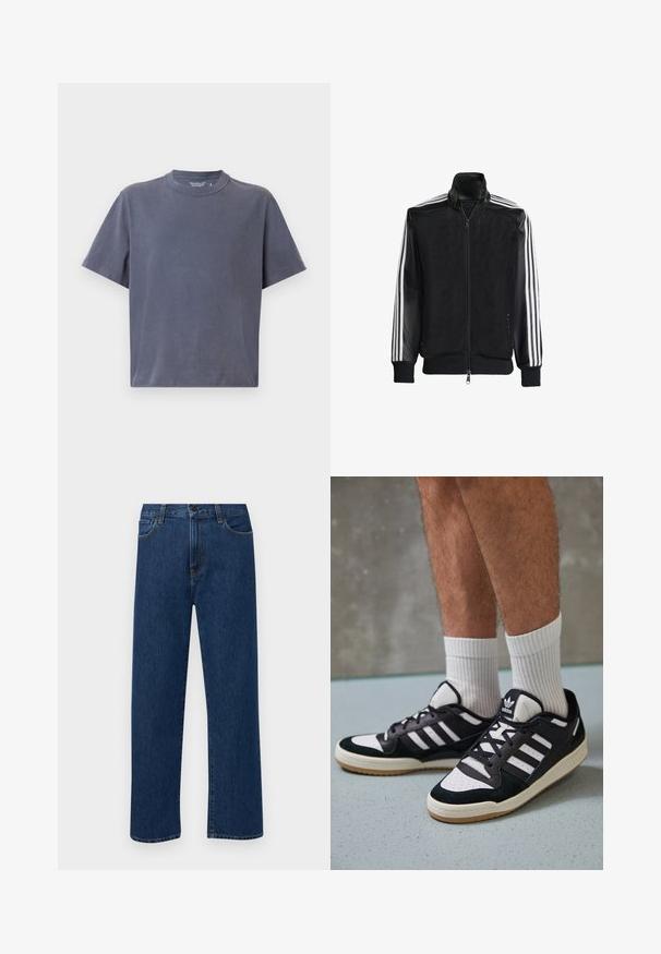 Juodas permatomas džemperis su užtrauktuku priekyje, turintis vientisas juodas rankoves ir tris baltas juostas ant rankų. Raukšlėtos rankogaliai ir apatinė dalis.; Tamsiai pilkas trumpų rankovių marškinėliai iš minkštos medvilnės, su klasikinio apvalaus kaklo dizainu ir laisvu fasonu. Lygus audinys be raštų.; Tamsiai mėlynos tiesaus žandikaulio džinsai su priekinėmis kišenėmis ir mygtuko uždarymu, rodantys ant paprasto balto fono.; Juodos ir baltos sportinės bateliai su zomšiniu ir odiniu viršumi, su trimis baltomis juostelėmis, perforuota koja ir guminėmis padais.