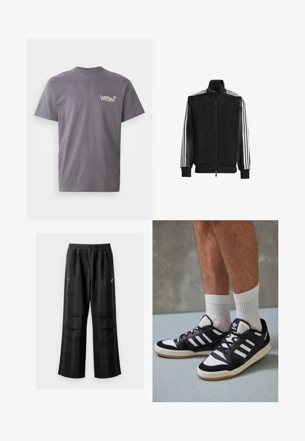Černá síťovaná bunda na zip, s celými černými rukávy a třemi bílými pruhy podél rukávů. Hladké manžety a lem.; Šedé bavlněné tričko s kulatým výstřihem a krátkými rukávy, s bílým logem "Witopia" potisknutým na levé straně hrudi.; Černé kostkované kalhoty s elastickým pasem, dvěma předními kapsami a volným střihem se rovnými nohavicemi. Vyrobeny z lehkého materiálu.; Černobílé tenisky s vrchní částí z semišové a kožené kůže, včetně tří bílých pruhů, perforovaného špičky a podrážky z gumy.