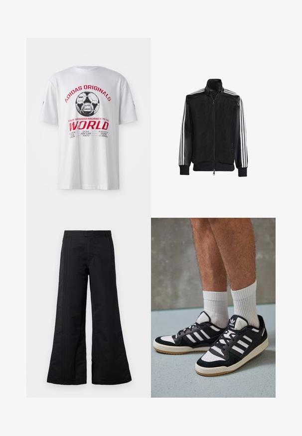 Melna režģa jakas ar rāvējslēdzēja priekšpusi, kam ir viendabīgas melnas piedurknes un trīs baltas svītras gar rokām. Ribota aproce un apakša.; Balta kokvilnas T-kreklu ar melnu un sarkanu drukātu zīmējumu no futbola bumbas un pilsētu nosaukumiem. Īsām piedurknēm, ar apaļu kakla izgriezumu.; Melni platējoši bikses, izgatavotas no gludas auduma, ar priekšējiem krokām un jostu. Tīra dizaina, bez redzamām rakstām vai akcentiem.; Melnas un baltas kedas ar zamša un ādas augšdaļu, kas aprīkotas ar trim baltām svītrām, perforētu purngali un gumijas zolēm.