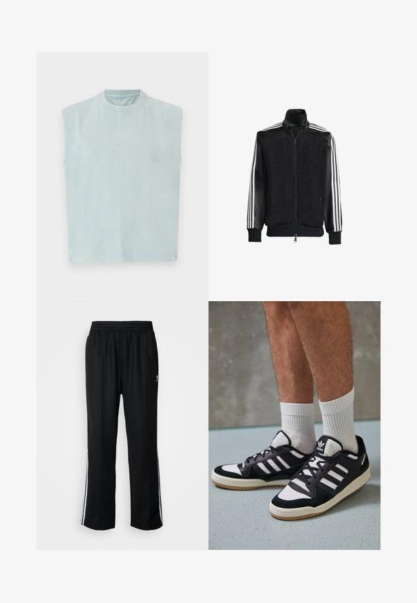 Must mustriga jope, millel on lukuga eesosa, ning mustad varrukad ja kolm valget triipu varrukate ääres. Ribaelastne mansett ja allääre.; Hele sinine ilma varrukateta t-särk ümmarguse kaelusega, pehmest kangast, sirge lõike ja minimalistliku disainiga.; Mustad mustad spordipüksid elastse vöökohaga, millel on valged küljeread ja väike logo. Materjal tundub pehme ja kerge.; Mustvalged ja valged spordijalatsid, mille pealmine osa on valmistatud suede'ist ja nahast. Kingadel on kolm valget riba, auguline varvas ja kummist tald.