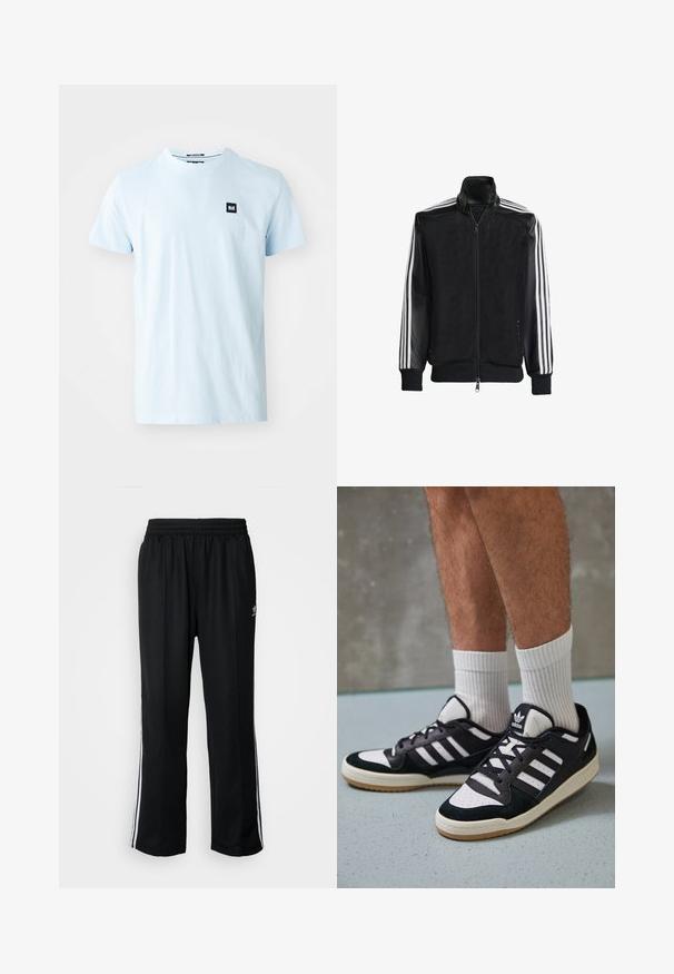 Svart mesh-jakke med glidelås foran, med solide svarte ermer og tre hvite striper langs armene. Ribbestrikkede mansjetter og nederkant.; Lyseblå bomulls t-skjorte med rund hals og korte ermer. Har et lite svart kvadratisk logo på venstre brystområde.; Sorte treningsbukser med elastisk midjebånd, med hvite sidestiper og en liten logo. Materialet ser mykt og lett ut.; Sorte og hvite sneakers med overdel i semsket skinn og lær, med tre hvite striper, perforert tå og en såle av gummi.