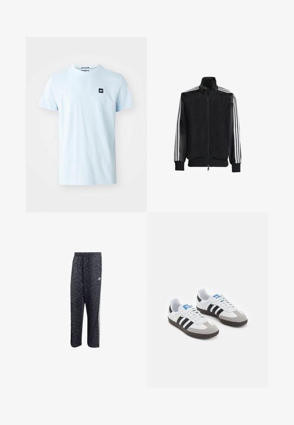 Juodas permatomas džemperis su užtrauktuku priekyje, turintis vientisas juodas rankoves ir tris baltas juostas ant rankų. Raukšlėtos rankogaliai ir apatinė dalis.; Šviesiai mėlynas medvilninis marškinėliai su apvalia iškirpte ir trumpomis rankovėmis. Ant kairiojo krūtinės puikuojasi mažas juodas kvadratinis logotipas.; Juodi sportiniai keliai su leopardų raštu, su baltu trijų juostų dizainu ir sportinės prekinio ženklo logo šone.; Sportiniai batai su balta odine viršutine dalimi, pilku zomšiniu priekiu ir trimis juodomis juostelėmis. Ant liežuvio yra mėlynas logotipas, o padas pagamintas iš tekstūruoto gumos.