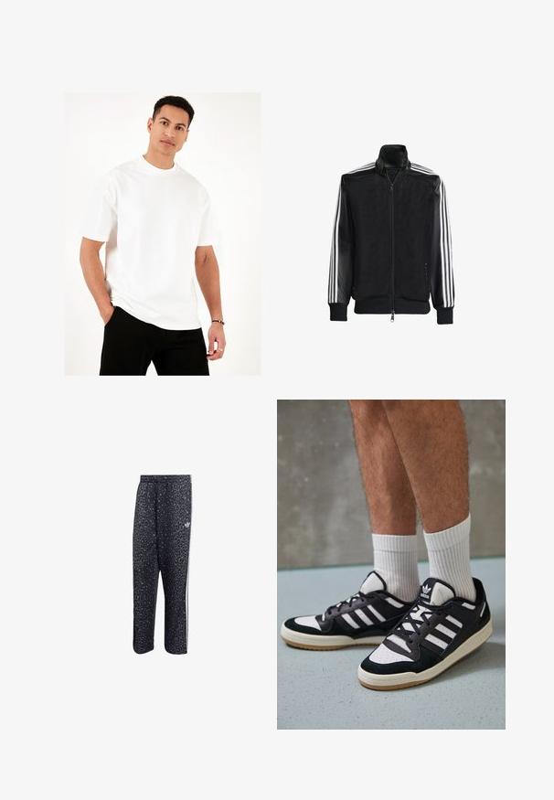 Črna mrežasta jakna z zadrgo spredaj, s trdnimi črnimi rokavi in tremi belimi črtami vzdolž rokavov. Rebrasti robovi in spodnji del.; Bela majica s kružnim izrezom, napravljena od laganog pamuka. Kratki rukavi, ležeran kroj i ravni šavovi. Nosena s crnim hlačama, ruke u džepima.; Črne športne hlače z vzorcem leoparda, ki imajo bele tri črte in logo športne blagovne znamke na strani.; Črno-bele superge z zgornjim delom iz usnja in nubuka, ki imajo tri bele črte, perforiran vrh prstov in podplat iz gume.