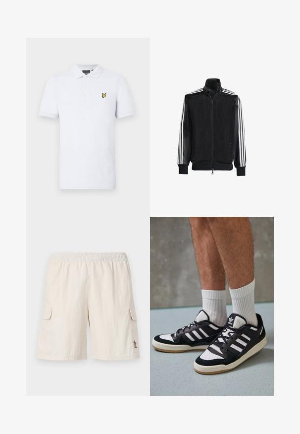 Fekete hálós dzseki, elöl cipzárral, amelynek egyszínű fekete ujjai és három fehér csíkja van a karokon. Rugalmas mandzsetták és derék.; Fehér, pamutból készült póló. Gallérral, három gombbal és sárga hímezett logóval rendelkezik a bal mellrészen. Rövid ujjú.; Beige színű cargo sort elasztikus derékkal, két oldalsó zsebbel és egy kis logóval a jobb alsó részen. Simább, könnyű anyag.; Fekete-fehér tornacipők velúr és bőr felsőrésszel, három fehér csíkkal, perforált orral és gumi talppal.