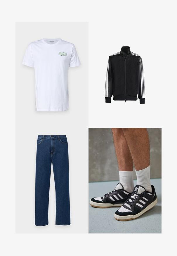 Juodas permatomas džemperis su užtrauktuku priekyje, turintis vientisas juodas rankoves ir tris baltas juostas ant rankų. Raukšlėtos rankogaliai ir apatinė dalis.; Stance OZONE - Marškinėliai su spaudiniu - white; Tamsiai mėlynos tiesaus žandikaulio džinsai su priekinėmis kišenėmis ir mygtuko uždarymu, rodantys ant paprasto balto fono.; Juodos ir baltos sportinės bateliai su zomšiniu ir odiniu viršumi, su trimis baltomis juostelėmis, perforuota koja ir guminėmis padais.