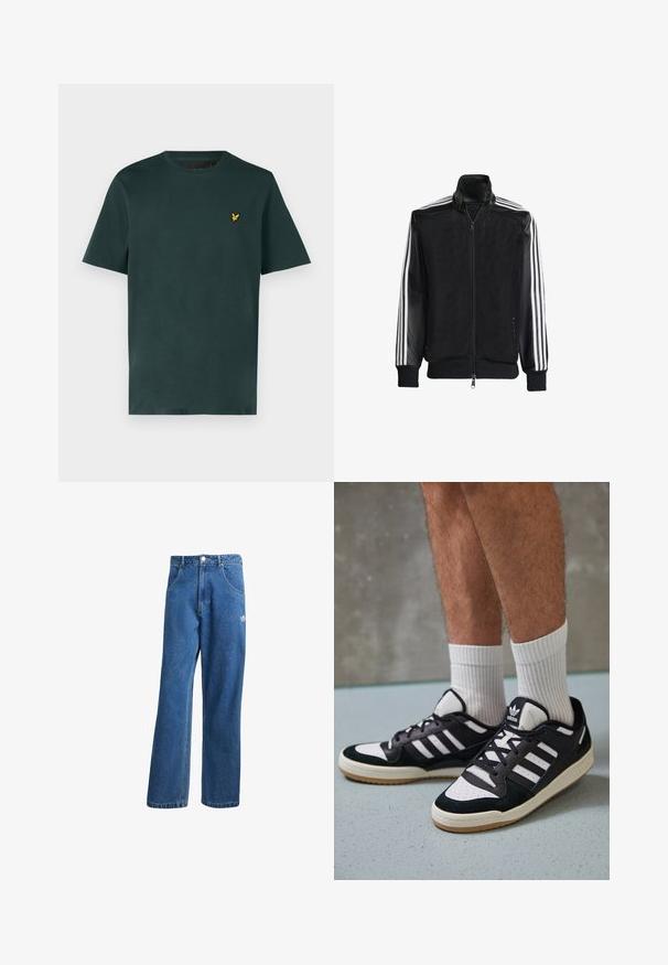 Sort meshjakke med lynlås foran, med ensfarvede sorte ærmer og tre hvide striber langs armene. Ribbet manchetter og kant.; Lyle & Scott T-shirts basic - argyle teal; Blå højtaljede viddebukser i denim med forlommer, bælteløkker, knaplukning og lille Adidas-logo på højre lår.; Sorte og hvide sneakers med en overdel i ruskind og læder, der har tre hvide striber, en perforeret tå og en sål i gummigummi.