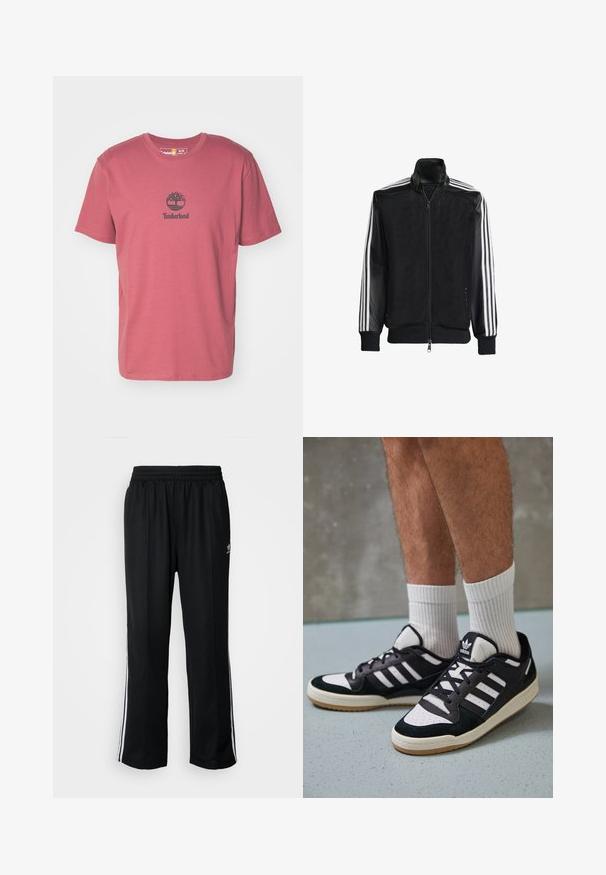 Juodas permatomas džemperis su užtrauktuku priekyje, turintis vientisas juodas rankoves ir tris baltas juostas ant rankų. Raukšlėtos rankogaliai ir apatinė dalis.; Timberland SMALL LOGO PRINT TEE LEMON PEPPER - Marškinėliai su spaudiniu - apple butter; Juodi sportiniai keliai su elastingu juosmeniu, su baltais šonais ir mažu logotipu. Atrodo, kad medžiaga yra minkšta ir lengva.; Juodos ir baltos sportinės bateliai su zomšiniu ir odiniu viršumi, su trimis baltomis juostelėmis, perforuota koja ir guminėmis padais.