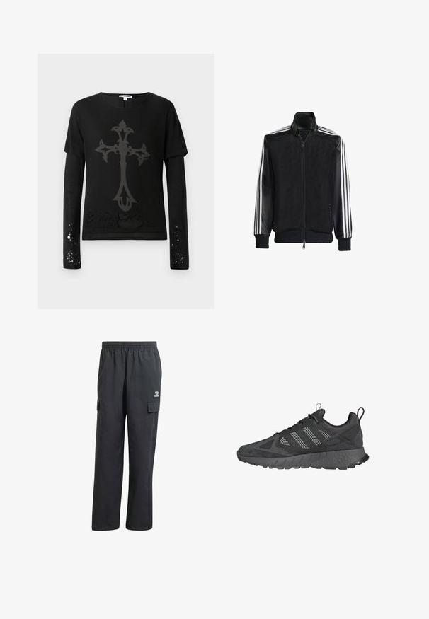 Jachetă din plasă neagră, cu fermoar față, având mâneci negre solide și trei dungi albe pe brațe. Manșete și tiv cu nervuri.; Cămașă neagră cu mâneci lungi, cu un overlay cu mâneci scurte, având un design mare de cruce gri și accente distresate aproape de tiv și pe mâneci.; Pantaloni cargo negri cu talie elastică, două buzunare laterale și un logo subtil pe coapsa stângă. Confecționați dintr-un material ușor.; Pantofi sport negri cu parte superioară din plasă și nubuc, talpă din cauciuc texturat, guler căptușit și un design distinctiv cu trei dungi gri.