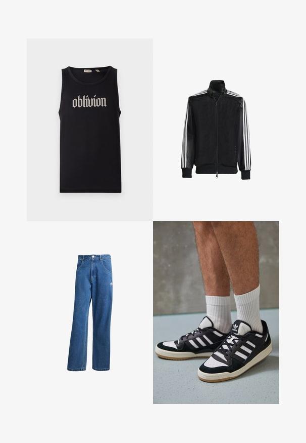 Must mustriga jope, millel on lukuga eesosa, ning mustad varrukad ja kolm valget triipu varrukate ääres. Ribaelastne mansett ja allääre.; Mustmustest musta mustavärviga must top, millel on julge valge gooti stiilis tekst "oblivion" keskendatud esiosale. Sujuv tekstuur, ilma varrukateta disain.; Sinine kõrge vöökohaga avar jakkidega teksapükse, millel on ees taskud, vöökoharingid, nupuga sulgemine ja väike Adidas'i logo paremal reiel.; Mustvalged ja valged spordijalatsid, mille pealmine osa on valmistatud suede'ist ja nahast. Kingadel on kolm valget riba, auguline varvas ja kummist tald.