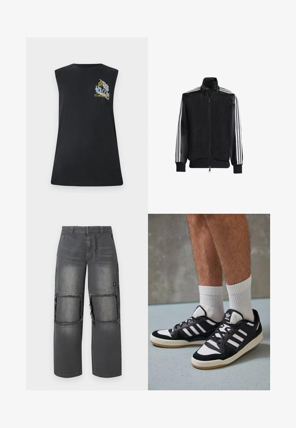 Svart mesh-jakke med glidelås foran, med solide svarte ermer og tre hvite striper langs armene. Ribbestrikkede mansjetter og nederkant.; Svart ermeløs T-skjorte laget av bomull, med en fargerik brodert grafikk på brystet. Rett snitt med rund hals.; Grå denimbukser med avslappet passform, som har utslitte knedetaljer, kontraststing og en liten logo på siden.; Sorte og hvite sneakers med overdel i semsket skinn og lær, med tre hvite striper, perforert tå og en såle av gummi.