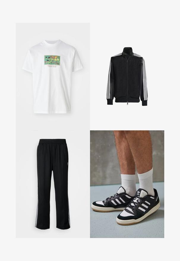 Musta verkkomantteli, jossa on vetoketjulla suljettava etuosa, mustat hihat ja kolme valkoista raitaa käsivarsilla. Ribbaatut hihansuut ja helma.; Valkoinen puuvillapaita, jossa on värikäs, kuvallinen grafiikka kasveista ja hedelmistä. Teksti alapuolella lukee "CREAM OF THE CROP CARHARTT WIP 1989."; Mustat urheiluhousut, joissa on joustava vyötärö, valkoiset sivuraidat ja pieni logo. Materiaali näyttää pehmeältä ja kevyeltä.; Valkoiset ja mustat tennarit, joissa on mokkanahka- ja nahkapäällinen, kolme valkoista raitaa, rei'itetty kärki ja kumipohja.