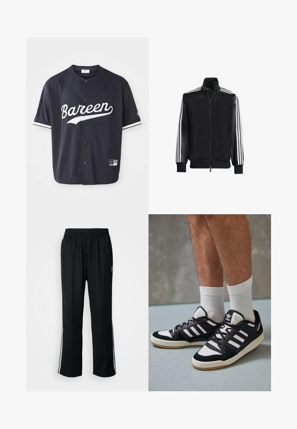 Μαύρο τζάκετ από δίχτυ με φερμουάρ μπροστά, με συμπαγή μαύρα μανίκια και τρεις λευκές ρίγες κατά μήκος των χεριών. Ριμπέ μανσέτες και στρίφωμα.; Μαύρο κοντομάνικο τζέρσεϊ από διχτυωτό ύφασμα με κούμπωμα κουμπιού, εκτύπωση "Bareen" σε λευκό χρώμα, λευκές διακοσμητικές ρίγες στα μανίκια, ορατή ετικέτα μεγέθους.; Μαύρο αθλητικό παντελόνι με ελαστική μέση, διαθέτει λευκές ρίγες στο πλάι και ένα μικρό λογότυπο. Το υλικό φαίνεται μαλακό και ελαφρύ.; Μαύρα και λευκά αθλητικά παπούτσια με άνω μέρος από σουέτ και δέρμα, featuring τρεις λευκές ρίγες, περατά δάχτυλα και σόλα από καουτσούκ τύπου γκαστ.