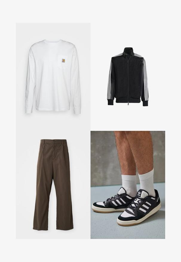 Fekete hálós dzseki, elöl cipzárral, amelynek egyszínű fekete ujjai és három fehér csíkja van a karokon. Rugalmas mandzsetták és derék.; Hosszú ujjú, fehér, pamut ing, amelyen egy négyzet alakú logóval ellátott mellzseb található. Egyszerű dizájn, lekerekített nyakú és gombos mandzsettával.; Barna, bő szárú pamut nadrág, elülső gombzárral, övhurkokkal és sima, matt felülettel.; Fekete-fehér tornacipők velúr és bőr felsőrésszel, három fehér csíkkal, perforált orral és gumi talppal.