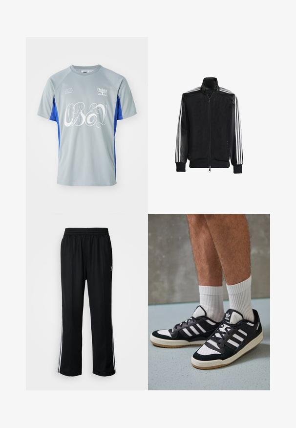 Černá síťovaná bunda na zip, s celými černými rukávy a třemi bílými pruhy podél rukávů. Hladké manžety a lem.; Krátký rukáv sportovního trička v šedé a modré barvě. Na přední straně nápis "OBEY" bílým písmem, spolu s logy na hrudi a na rukávu. Vyrobeno z lehkého materiálu.; Černé sportovní kalhoty s elastickým pasem, s bílými bočními pruhy a malým logem. Materiál vypadá měkce a lehce.; Černobílé tenisky s vrchní částí z semišové a kožené kůže, včetně tří bílých pruhů, perforovaného špičky a podrážky z gumy.