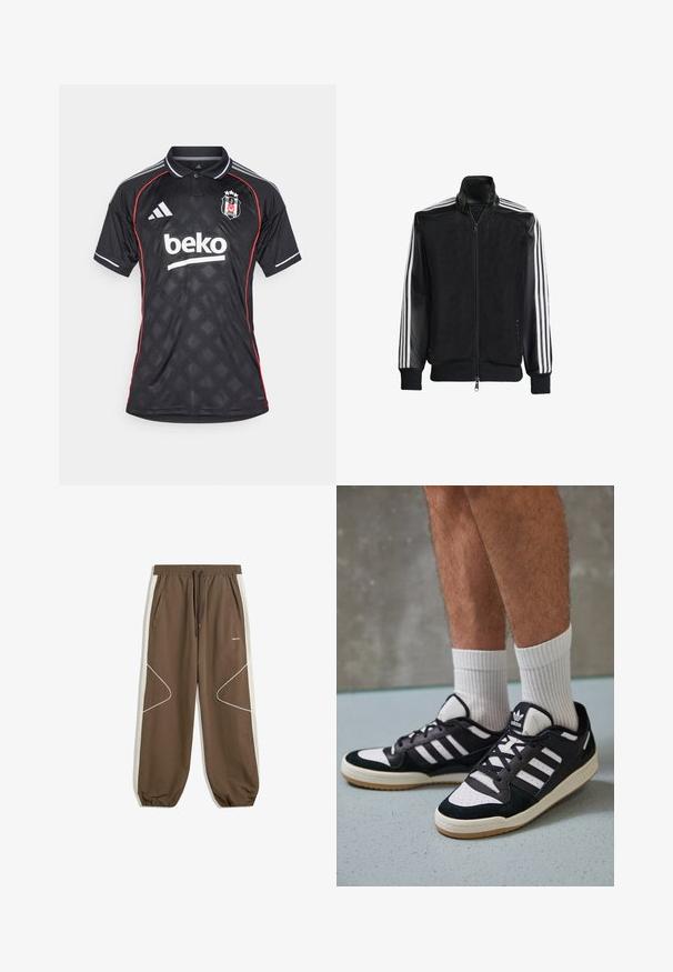 Černá síťovaná bunda na zip, s celými černými rukávy a třemi bílými pruhy podél rukávů. Hladké manžety a lem.; adidas Originals BESIKTAS 25/26 3RD JERSEY - Klubové oblečení - black; Hnědé joggingové kalhoty s elastickým páskem na stažení, bočními kapsami a kontrastními smetanovými bočními panely se bílým prošíváním a křivkovými vzory.; Černobílé tenisky s vrchní částí z semišové a kožené kůže, včetně tří bílých pruhů, perforovaného špičky a podrážky z gumy.