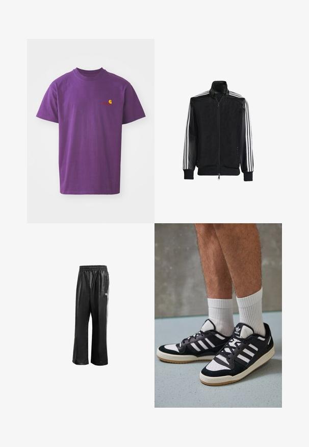 Crna mrežasta jakna s patentnim zatvaračem sprijeda, koja ima čvrste crne rukave i tri bijele pruge duž ruku. Riblje manžetne i rub.; Ljubičasta pamučna majica s okruglim izrezom. Ima mali žuti i crveni logo na lijevoj strani prsiju. Kratke rukave, standardnog kroja.; Crne sintetičke trenirke s elastičnom waistbandom, sa bijelim bočnim prugama i malim bijelim logoom na lijevom kuku.; Crne i bijele tenisice s gornjim dijelom od antilopa i kože, s tri bijele pruge, perforiranim prstom i gumiranim potplatom.