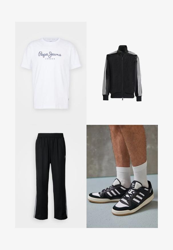 Melna režģa jakas ar rāvējslēdzēja priekšpusi, kam ir viendabīgas melnas piedurknes un trīs baltas svītras gar rokām. Ribota aproce un apakša.; Balts kokvilnas T-krekls ar īsām piedurknēm, ar zilu un sarkanu izšūtu "Pepe Jeans London" logotipu uz krūtīm.; Melni sporta bikses ar elastīgu jostas vietu, kurām ir baltas sānu svītras un neliels logotips. Materiāls izskatās mīksts un viegls.; Melnas un baltas kedas ar zamša un ādas augšdaļu, kas aprīkotas ar trim baltām svītrām, perforētu purngali un gumijas zolēm.