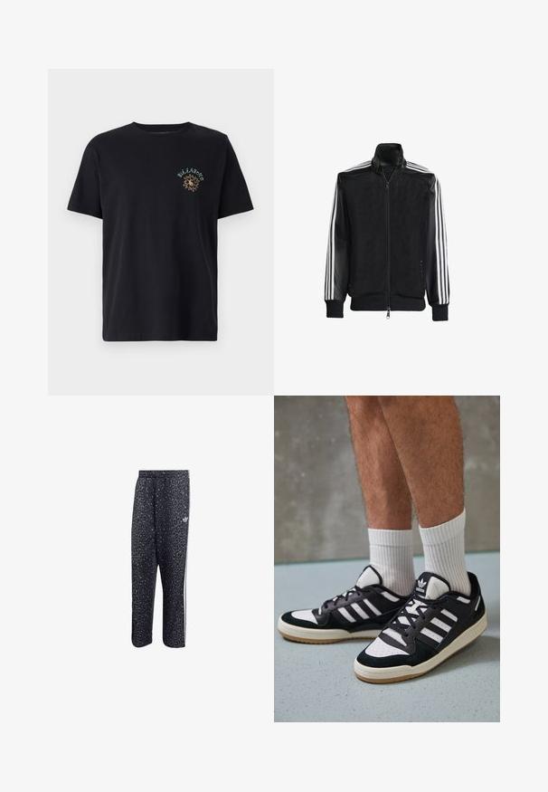 Juodas permatomas džemperis su užtrauktuku priekyje, turintis vientisas juodas rankoves ir tris baltas juostas ant rankų. Raukšlėtos rankogaliai ir apatinė dalis.; Juodas medvilninis marškinėliai su apvaliu kaklu, trumpomis rankovėmis ir žaliais bei auksiniais grafikos dizainais kairėje krūtinės pusėje.; Juodi sportiniai keliai su leopardų raštu, su baltu trijų juostų dizainu ir sportinės prekinio ženklo logo šone.; Juodos ir baltos sportinės bateliai su zomšiniu ir odiniu viršumi, su trimis baltomis juostelėmis, perforuota koja ir guminėmis padais.