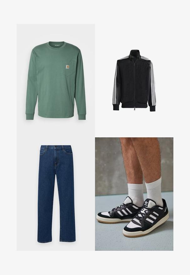 Musta verkkomantteli, jossa on vetoketjulla suljettava etuosa, mustat hihat ja kolme valkoista raitaa käsivarsilla. Ribbaatut hihansuut ja helma.; Carhartt WIP POCKET - Pitkähihainen paita - duck green; Tummansinisiä suoranlahkeisia farkkuja, joissa on etutaskut ja nappikiinnitys, esiteltynä yksinkertaisella valkoisella taustalla.; Valkoiset ja mustat tennarit, joissa on mokkanahka- ja nahkapäällinen, kolme valkoista raitaa, rei'itetty kärki ja kumipohja.