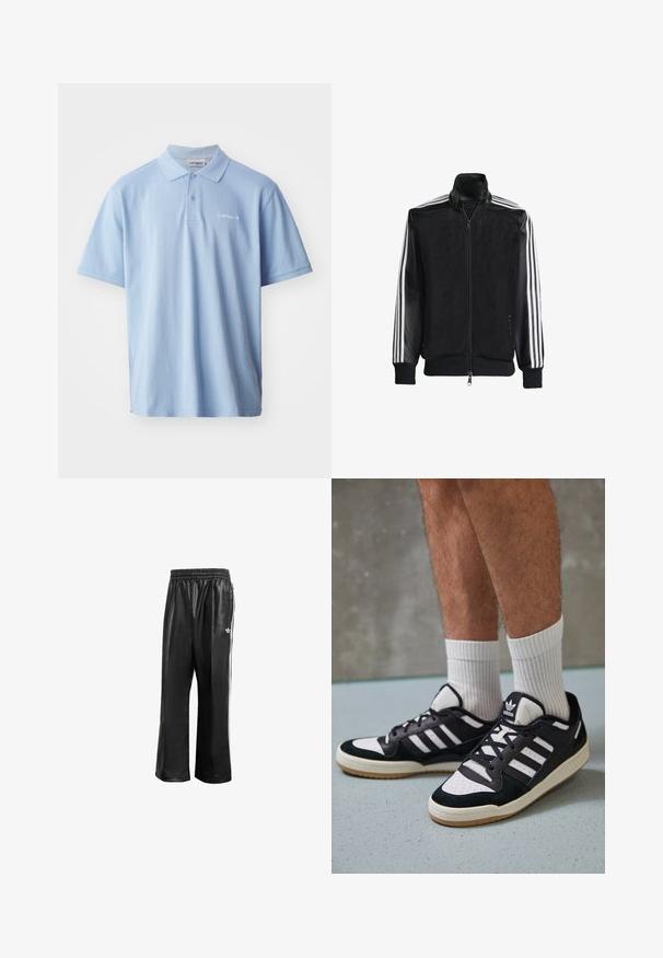 Zwarte maillotjas met een rits aan de voorkant, met stevige zwarte mouwen en drie witte strepen langs de armen. Geribbelde manchetten en zoom.; Lichtblauwe katoenen poloshirt met korte mouwen, drie knopen, en geborduurd logo op de linkerborst. Gladde textuur.; Zwarte synthetische trainingsbroek met een elastische tailleband, voorzien van witte zijstrepen en een klein wit logo op de linkse heup.; Zwart-witte sneakers met een bovenwerk van suede en leer, voorzien van drie witte strepen, een geperforeerde neus en een rubberen gumzool.