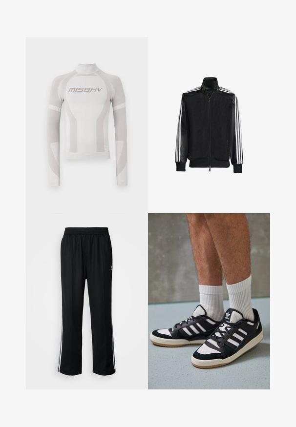 Melna režģa jakas ar rāvējslēdzēja priekšpusi, kam ir viendabīgas melnas piedurknes un trīs baltas svītras gar rokām. Ribota aproce un apakša.; Balta, garām piedurknēm pieguļoša blūze ar vertikālām gaiši pelēkām svītrām un augstu apkakli. Priekšpusē ir "MISBHV" logotips, izgatavota no elastīgas auduma.; Melni sporta bikses ar elastīgu jostas vietu, kurām ir baltas sānu svītras un neliels logotips. Materiāls izskatās mīksts un viegls.; Melnas un baltas kedas ar zamša un ādas augšdaļu, kas aprīkotas ar trim baltām svītrām, perforētu purngali un gumijas zolēm.