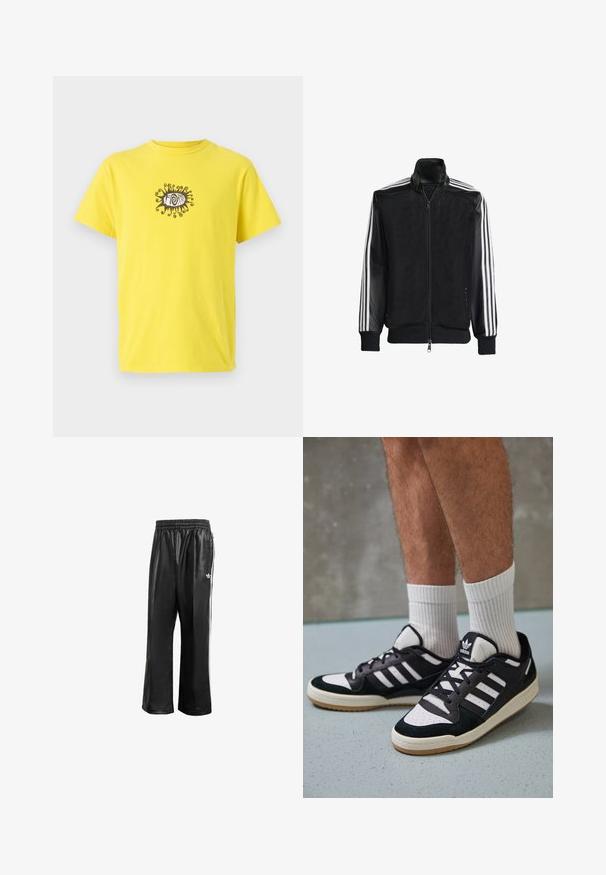 Sort meshjakke med lynlås foran, med ensfarvede sorte ærmer og tre hvide striber langs armene. Ribbet manchetter og kant.; Gul bomulds t-shirt med et sort grafik af et øje med svirvlende linjer over og under. Korte ærmer og rund hals.; Sorte syntetiske træningsbukser med elastisk talje, prydet med hvide side-striber og et lille hvidt logo på venstre hofte.; Sorte og hvide sneakers med en overdel i ruskind og læder, der har tre hvide striber, en perforeret tå og en sål i gummigummi.