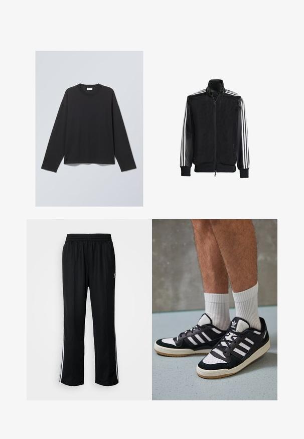 Black mesh jacket with a zip front, featuring solid black sleeves and three white stripes along the arms. Ribbed cuffs and hem.; Black long-sleeve T-shirt made of soft fabric. Features a crew neckline and relaxed fit. Seam details on shoulders, minimalistic design.; Black athletic pants with an elastic waistband, featuring white side stripes and a small logo. Material appears soft and lightweight.; Black and white sneakers with a suede and leather upper, featuring three white stripes, a perforated toe, and a gum rubber sole.
