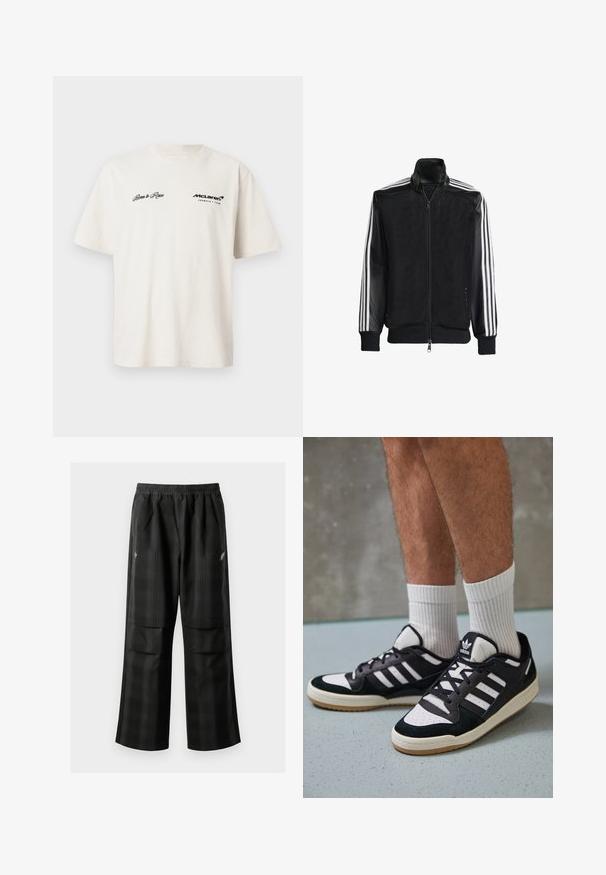 Crna mrežasta jakna s patentnim zatvaračem sprijeda, koja ima čvrste crne rukave i tri bijele pruge duž ruku. Riblje manžetne i rub.; Bijela majica s kratkim rukavima od pamuka s crnim tekstom: "Born to Race" s lijeve strane i "McLaren Formula 1 Team" s desne strane.; Crne karirane hlače s elastičnom urezom, dva prednja džepa i ležernim krojem s ravnim nogavicama. Izrađene su od laganog materijala.; Crne i bijele tenisice s gornjim dijelom od antilopa i kože, s tri bijele pruge, perforiranim prstom i gumiranim potplatom.