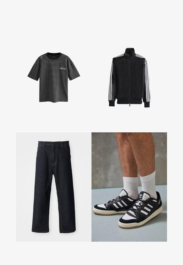 Crna mrežasta jakna s patentnim zatvaračem sprijeda, koja ima čvrste crne rukave i tri bijele pruge duž ruku. Riblje manžetne i rub.; Majica s kratkim rukavima, crno-bijelih pruga i okruglim izrezom. Ima natpis "Kopenhagen" na prednjoj strani. Izrađena je od glatkog materijala.; Tamno plave traperice ravnog kroja, s žutim šavovima, prednjim džepovima i kopčanjem na gumbu u struku.; Crne i bijele tenisice s gornjim dijelom od antilopa i kože, s tri bijele pruge, perforiranim prstom i gumiranim potplatom.