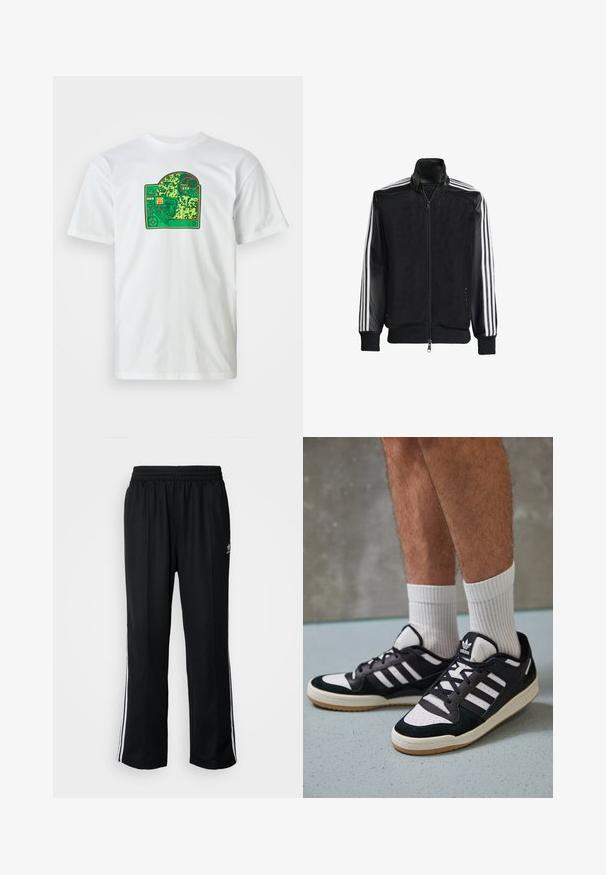 Juodas permatomas džemperis su užtrauktuku priekyje, turintis vientisas juodas rankoves ir tris baltas juostas ant rankų. Raukšlėtos rankogaliai ir apatinė dalis.; Balta medvilninė marškinėliai su žaliais grandinės plokštės grafika, kurioje vaizduojami sudėtingi raštai, raudoni akcentai ir sluoksniuota dizaino detalė.; Juodi sportiniai keliai su elastingu juosmeniu, su baltais šonais ir mažu logotipu. Atrodo, kad medžiaga yra minkšta ir lengva.; Juodos ir baltos sportinės bateliai su zomšiniu ir odiniu viršumi, su trimis baltomis juostelėmis, perforuota koja ir guminėmis padais.