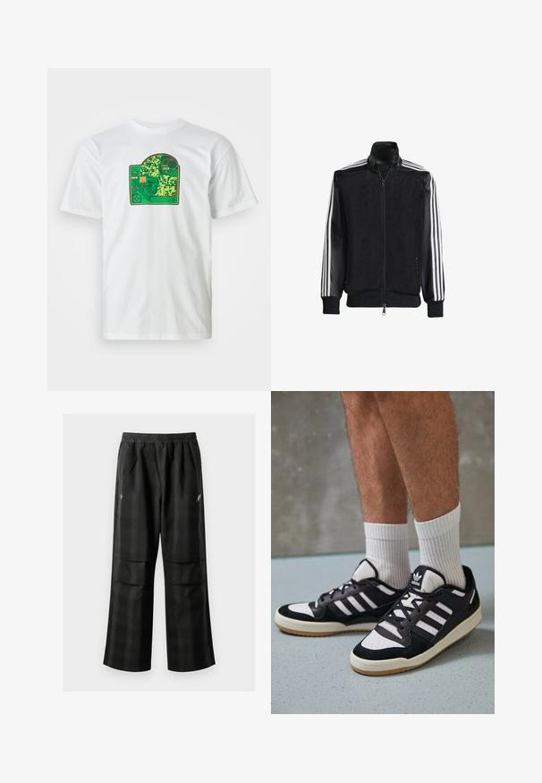 Svart mesh-jakke med glidelås foran, med solide svarte ermer og tre hvite striper langs armene. Ribbestrikkede mansjetter og nederkant.; Hvit bomull T-skjorte med et grønt kretskortgrafikk som har intrikate mønstre, røde detaljer og et lagdelt designelement.; Svarte rutete bukser med elastisk midje, to frontlommer og løs passform med rett ben-design. Laget av lett materiale.; Sorte og hvite sneakers med overdel i semsket skinn og lær, med tre hvite striper, perforert tå og en såle av gummi.