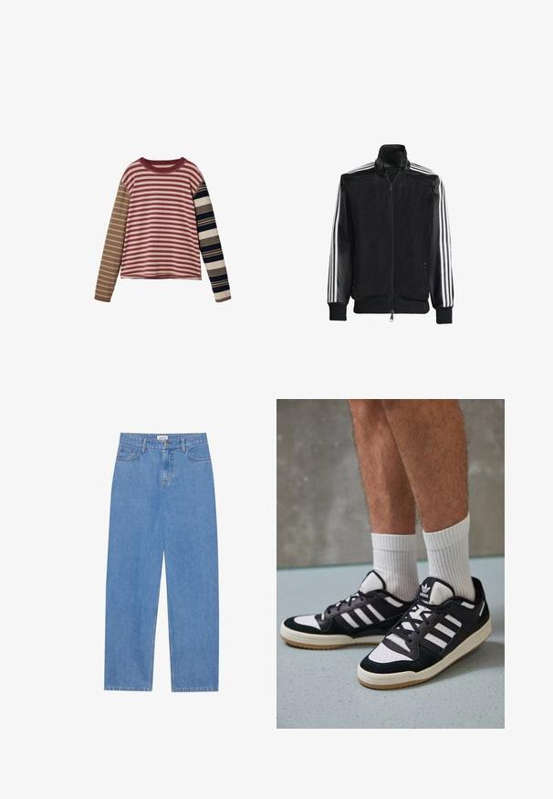 Svart nätjacka med dragkedja framtill, med enfärgade svarta ärmar och tre vita ränder längs armarna. Ribbstickade manschetter och nederkant.; Långärmad randig topp i växlande vinröd, beige och mörkblå ränder med varierande bredder; rund halsringning, mjuk textur.; Ljusblå denimjeans med rak passform, femficksdesign, enkel knappknäppning och subtila stygn detaljer på sömmarna.; Svartvita sneakers med ovandel i mocka och läder, med tre vita ränder, perforerad tå och sula av gummigummi.