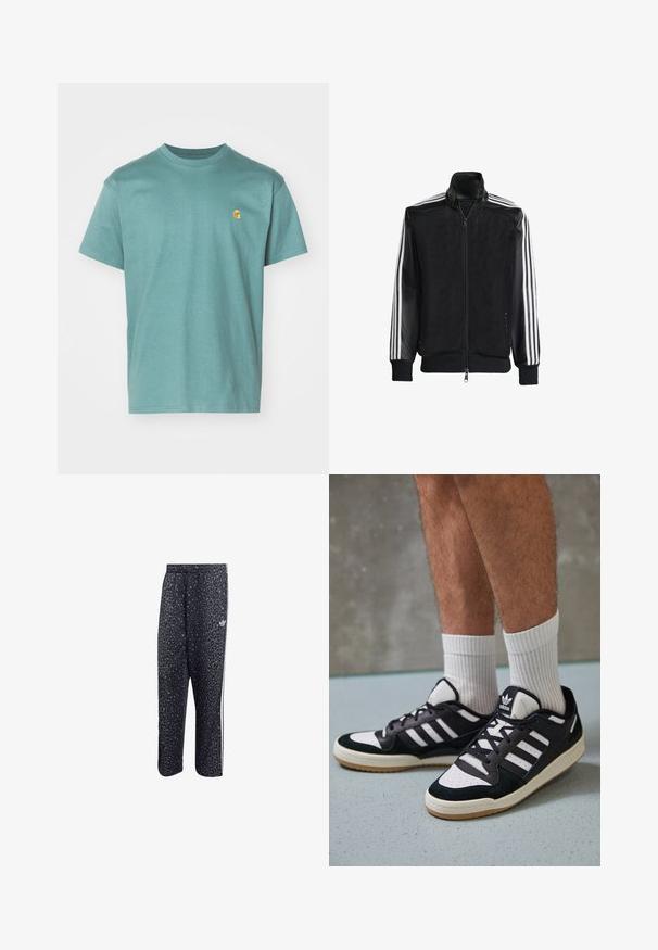 Musta verkkomantteli, jossa on vetoketjulla suljettava etuosa, mustat hihat ja kolme valkoista raitaa käsivarsilla. Ribbaatut hihansuut ja helma.; Tee-paita, jossa on teal-väri, lyhyet hihat, pyöreä kaula-aukko, ja vasemmassa rinnassa pieni keltainen logo. Materiaalina on teksturoitu kangas, joka on sileä pinnaltaan.; Mustat urheiluhousut, joissa on leopardikuosiset yksityiskohdat, valkoiset kolme viivaa -design ja urheilumerkin logo sivussa.; Valkoiset ja mustat tennarit, joissa on mokkanahka- ja nahkapäällinen, kolme valkoista raitaa, rei'itetty kärki ja kumipohja.