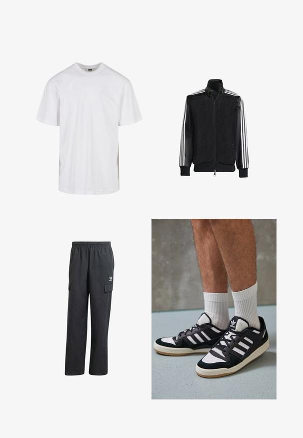 Juodas permatomas džemperis su užtrauktuku priekyje, turintis vientisas juodas rankoves ir tris baltas juostas ant rankų. Raukšlėtos rankogaliai ir apatinė dalis.; Balta medvilninė marškinė su apvaliu kaklu ir trumpomis rankovėmis. Dizainas yra paprastas, be raštų ar akcentų.; Juodų cargo kelnių su elastine juosta, dviem šoninėmis kišenėmis ir subtiliu logotipu kairėje šlaunyje. Pagaminta iš lengvos medžiagos.; Juodos ir baltos sportinės bateliai su zomšiniu ir odiniu viršumi, su trimis baltomis juostelėmis, perforuota koja ir guminėmis padais.