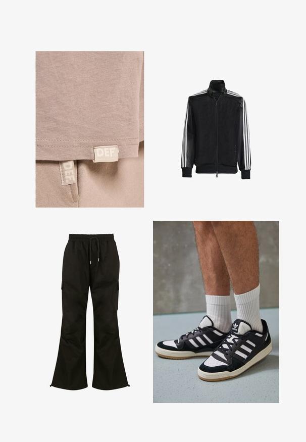 Black mesh jacket with a zip front, featuring solid black sleeves and three white stripes along the arms. Ribbed cuffs and hem.; Beige cotton t-shirt with a soft texture, featuring a straight hem and two visible labels stitched at the bottom, marked "DEF."; Black cargo pants with a wide-leg design, elastic waistband, adjustable drawstring, and side pockets. Made of smooth, durable fabric.; Black and white sneakers with a suede and leather upper, featuring three white stripes, a perforated toe, and a gum rubber sole.