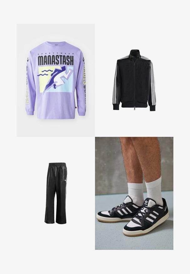 Jachetă din plasă neagră, cu fermoar față, având mâneci negre solide și trei dungi albe pe brațe. Manșete și tiv cu nervuri.; Tricou lung cu mânecă, de culoare purpurie, cu un design grafic ce prezintă motive stilizate de alergător și valuri. Material: bumbac. Textul include "SPORTSWEAR MANASTASH."; Pantaloni de trening sintetici negri cu talie elastică, având dungi albe pe laturi și un mic logo alb pe şoldul stâng.; Adidași negri și albi cu un superior din suede și piele, prevăzuți cu trei dungi albe, un vârf perforat și o talpă din cauciuc caramel.