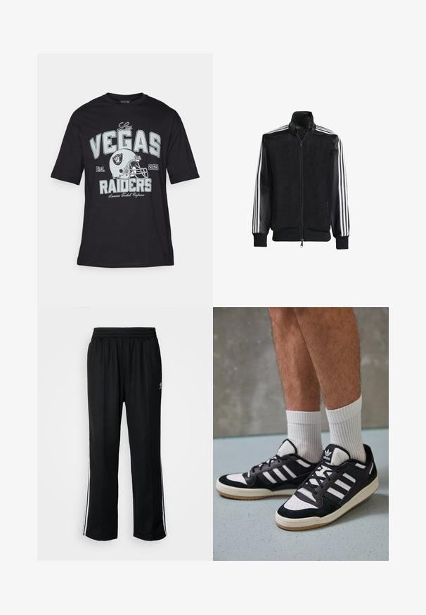Juodas permatomas džemperis su užtrauktuku priekyje, turintis vientisas juodas rankoves ir tris baltas juostas ant rankų. Raukšlėtos rankogaliai ir apatinė dalis.; Juodas medvilnės marškinėlis, kuriame yra grafika su futbolo šalmu ir užrašu "Las Vegas Raiders" šviesiai mėlyna ir balta spalvomis.; Juodi sportiniai keliai su elastingu juosmeniu, su baltais šonais ir mažu logotipu. Atrodo, kad medžiaga yra minkšta ir lengva.; Juodos ir baltos sportinės bateliai su zomšiniu ir odiniu viršumi, su trimis baltomis juostelėmis, perforuota koja ir guminėmis padais.