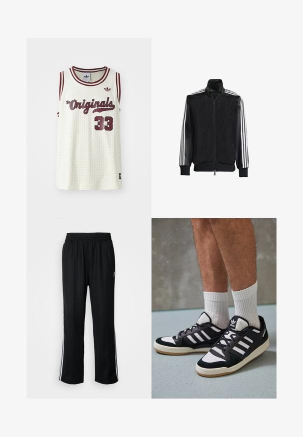 Černá síťovaná bunda na zip, s celými černými rukávy a třemi bílými pruhy podél rukávů. Hladké manžety a lem.; Bílý síťovaný bezrukávový dres s vínovými akcenty, textem "The Originals", číslem 33 a malým logem na levé straně hrudi.; Černé sportovní kalhoty s elastickým pasem, s bílými bočními pruhy a malým logem. Materiál vypadá měkce a lehce.; Černobílé tenisky s vrchní částí z semišové a kožené kůže, včetně tří bílých pruhů, perforovaného špičky a podrážky z gumy.
